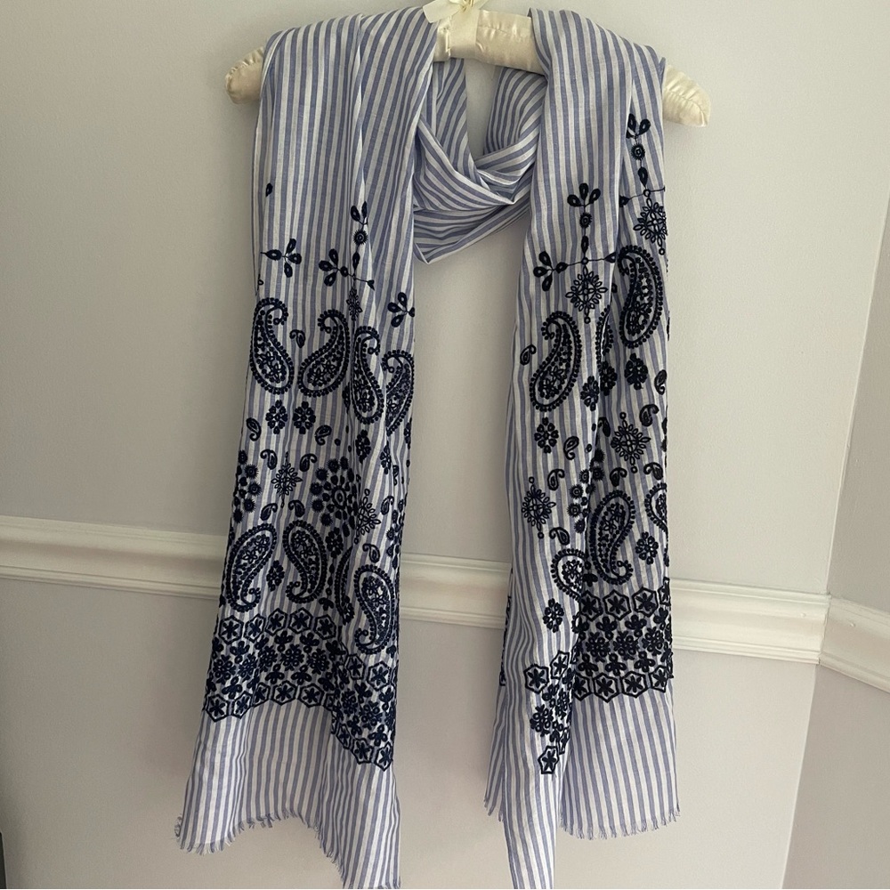 NWT Talbots 100% cotton blue and white striped scarf paisley embroidered pattern